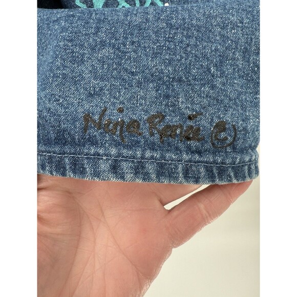 VINTAGE Denim Wrap Skirt Hand Painted by Nina Renee Constellations Stylized Deer - Picture 2 of 11